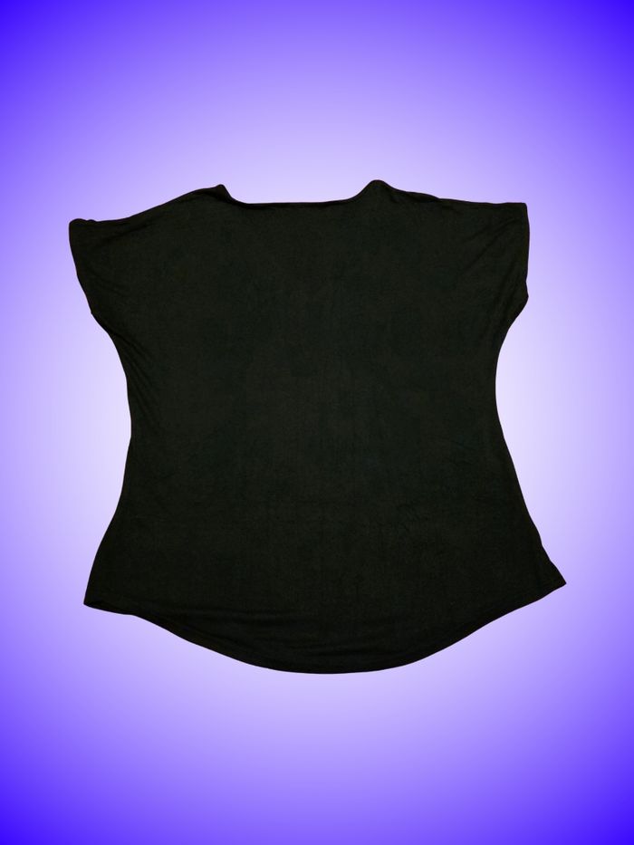 Tee-shirt Noir Fluide Décolleté V – Manches Courtes – Nœuds Décoratifs – Sans Marque – Bon État - photo numéro 2