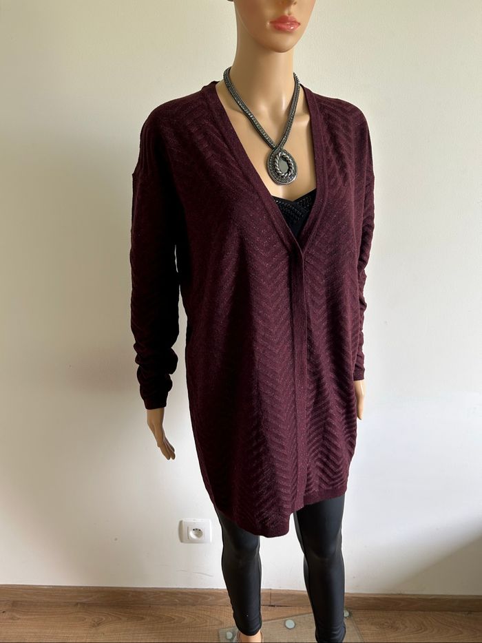 Cardigan bordeaux pailleté mi long Season taille S jamais porté - photo numéro 2