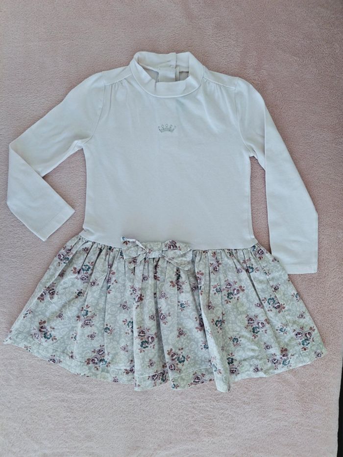 Robe Floriane 3 ans bi matière manches longues col montant blanc et beige fleurie