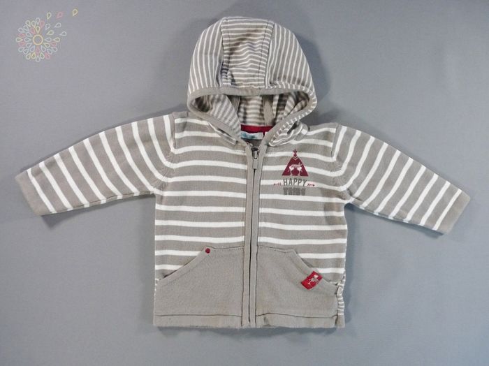 Gilet cardigan zippé capuche tricot fin gris blanc rayé tipi Obaïbi 6 mois 67 cm garçon