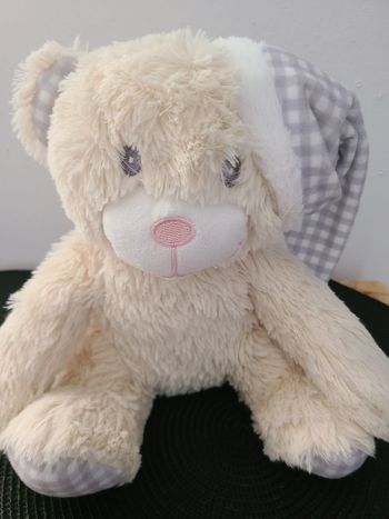 Peluche/Doudou Ours Beige Bonnet Gris Blanc 25cm