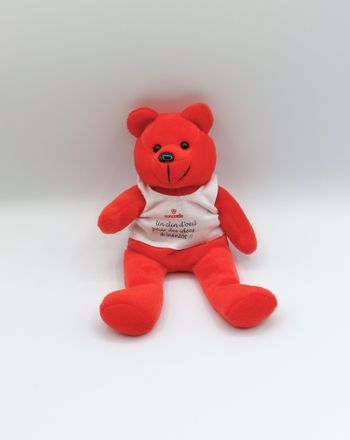 Peluche doudou ours rouge orangé tee-shirt blanc CONCORDE un clin d’oeil 21 cm