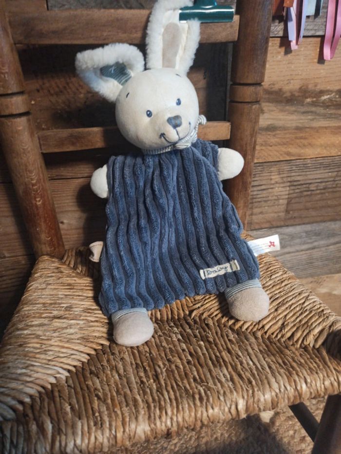 Doudou lapin Nicotoy bleu velours côtelé TBE - photo numéro 2