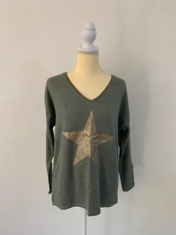 Pull gris étoile dorée pailletée – Ineo Couture – Taille unique
