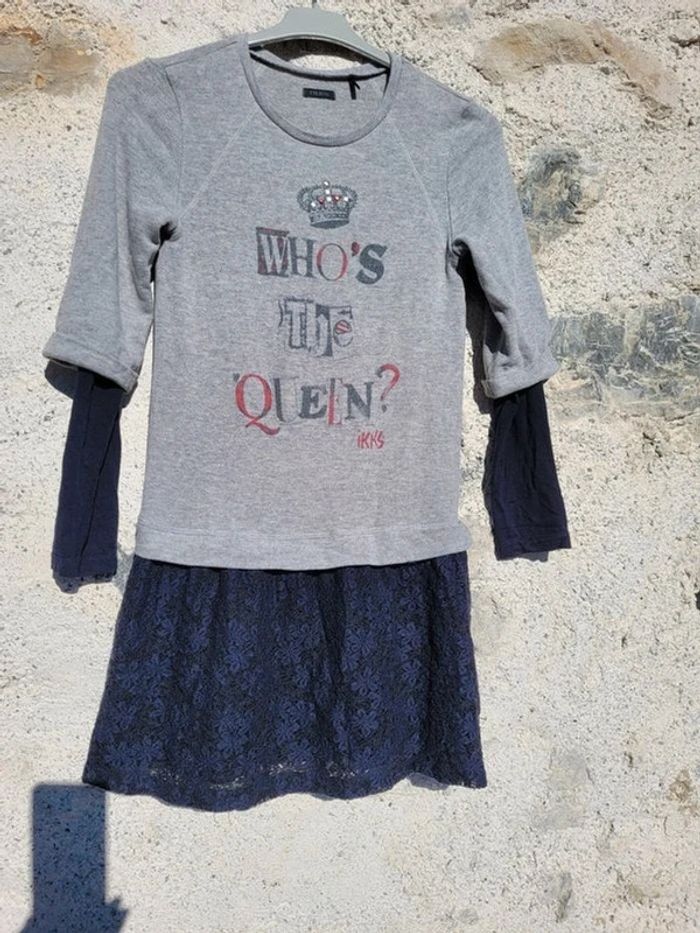 IKKS robe 10 ans, gris et bleu marine,jupe dentelle - photo numéro 3