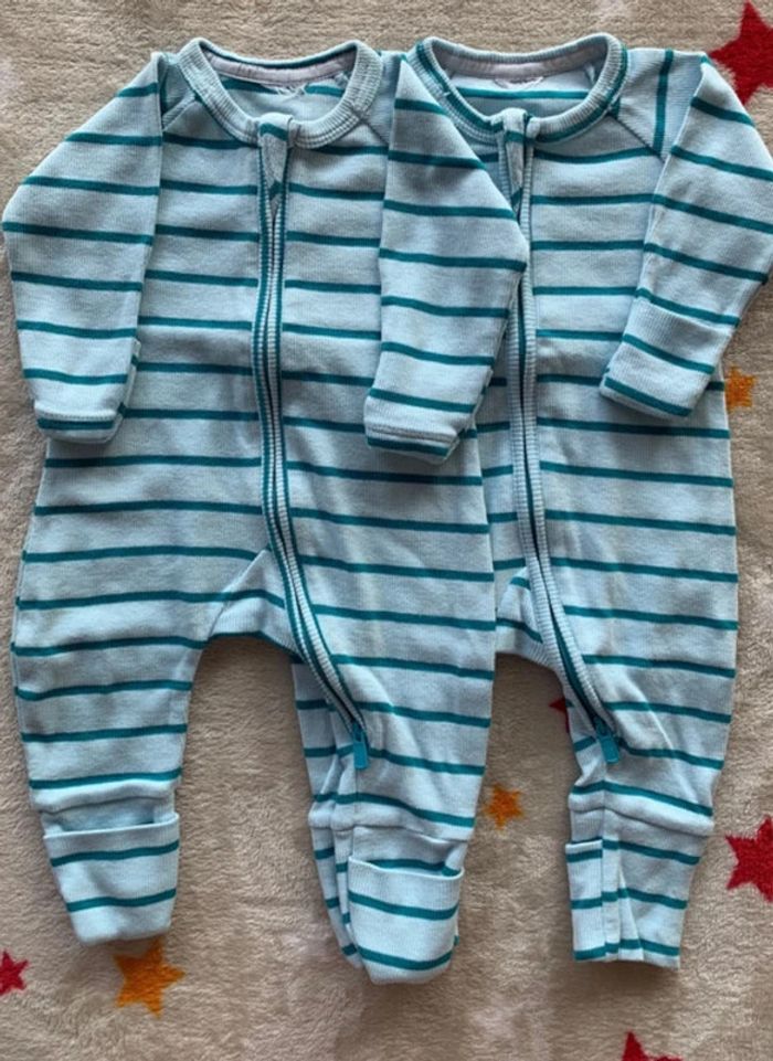 Lot 2 pyjamas bébé DIM zippés 1M bleus et verts – Neufs