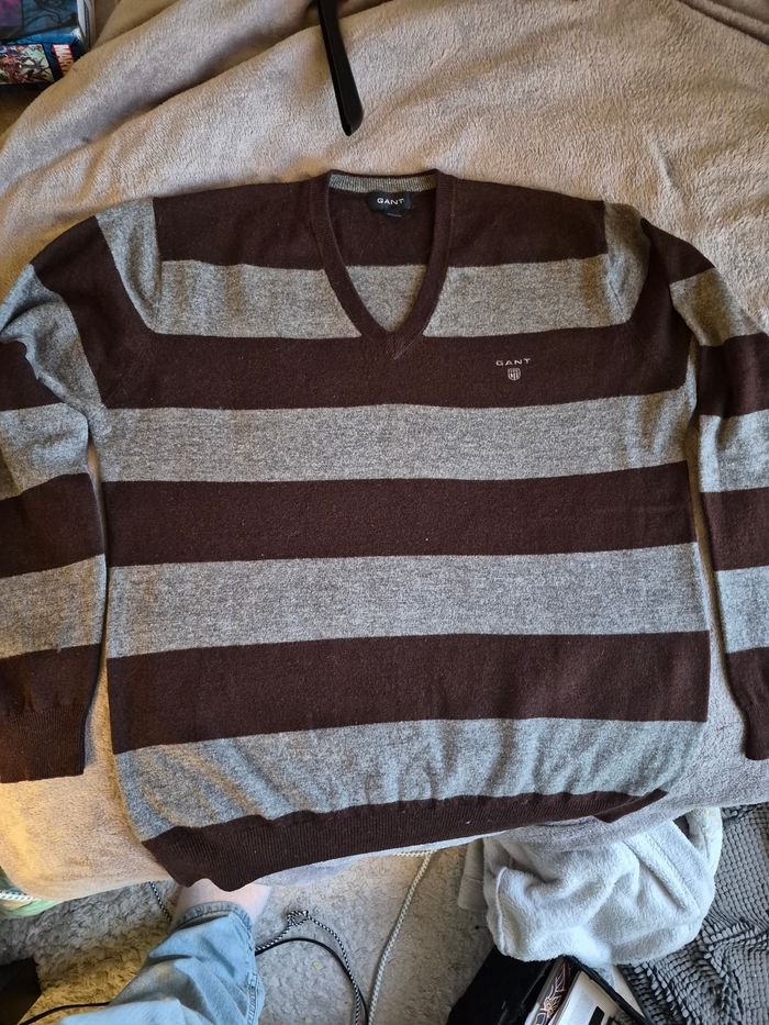 Pull col V taille L GANT marron et gris à rayures - photo numéro 3