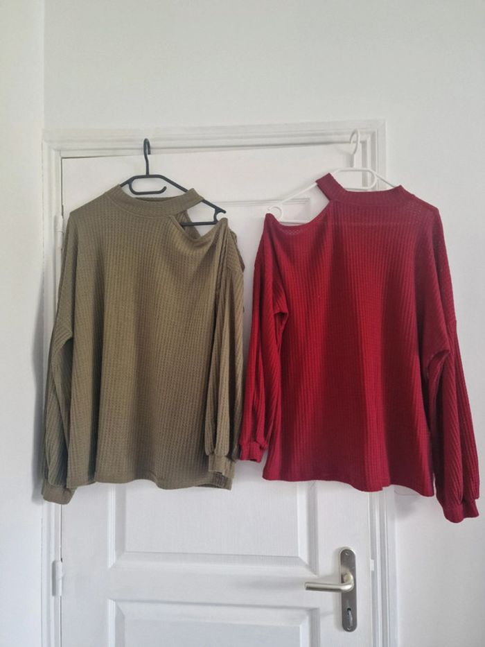 Top maille gaufrée rouge cerise/noir/olive - photo numéro 10