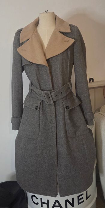 MANTEAU NEXT LAINE GRIS & CAMEL – CEINTURÉ – T40 FR – ÉLÉGANCE INTEMPORELLE