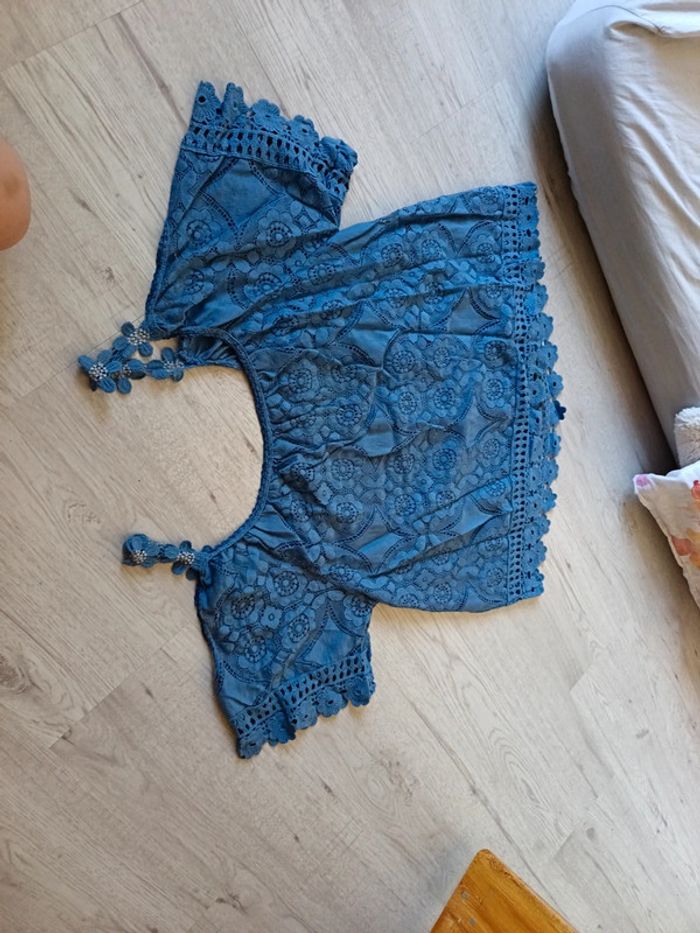 Haut épaule dénudé blouse fleur bleu 42 XL femme - photo numéro 8
