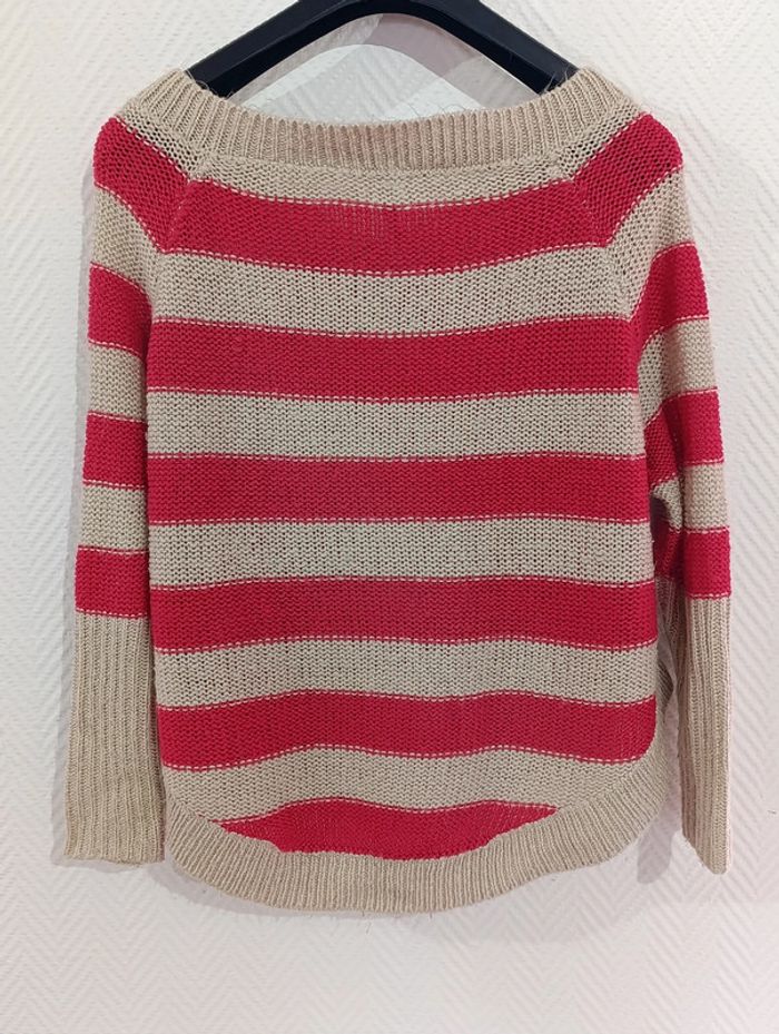 Pull mailles taille unique framboise et beige - photo numéro 7