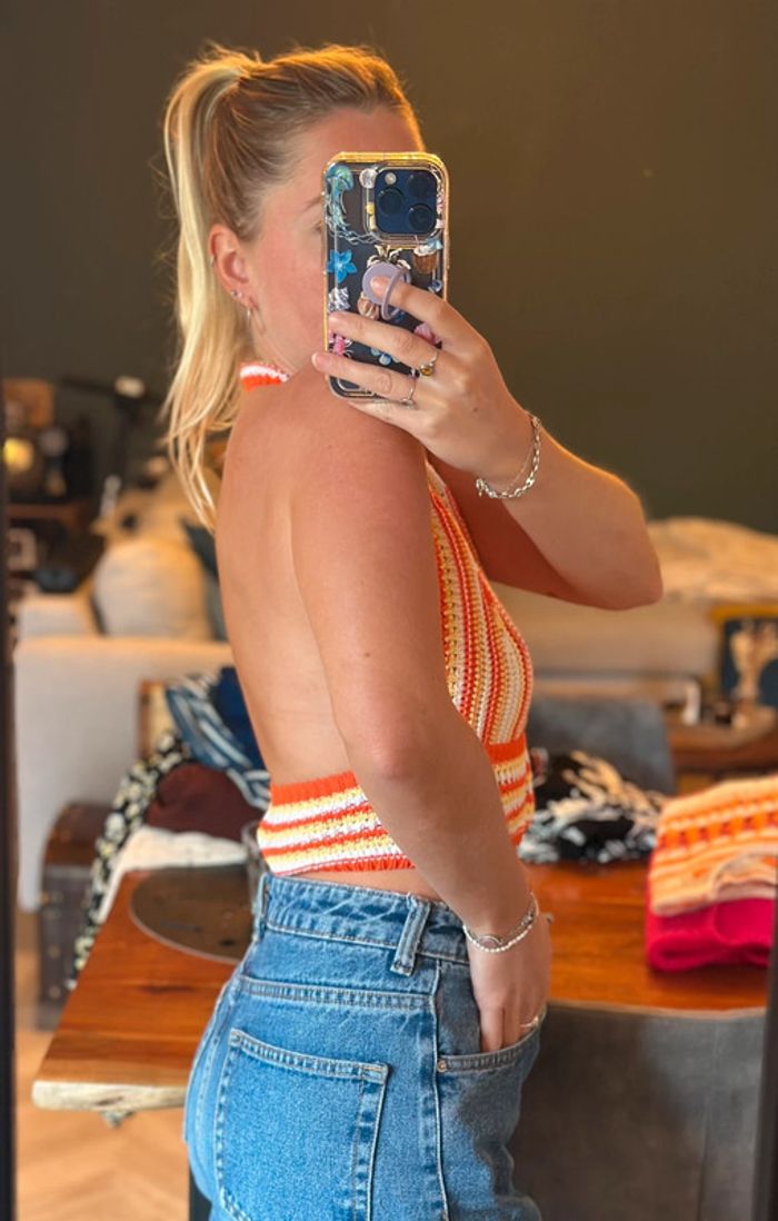 Crop top dos nu en maille brodée - Taille unique - Orange - photo numéro 3