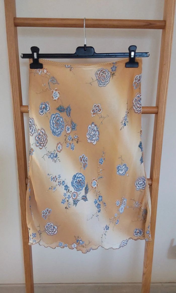 Superbe ensemble fluide Vintage beige bleu jupe et veste boléro T38 - photo numéro 13