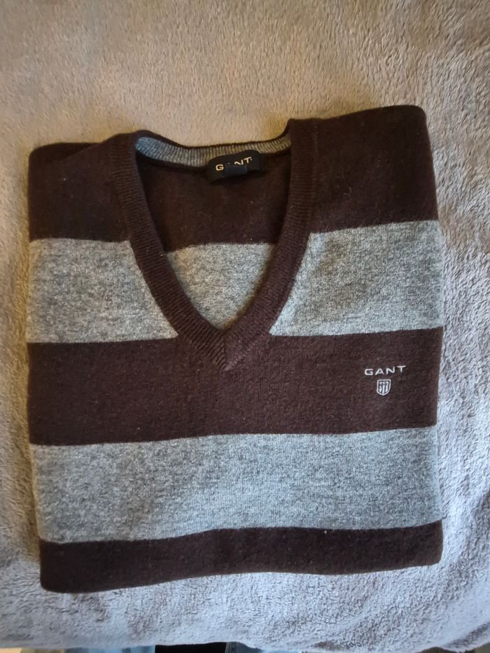 Pull col V taille L GANT marron et gris à rayures - photo numéro 4