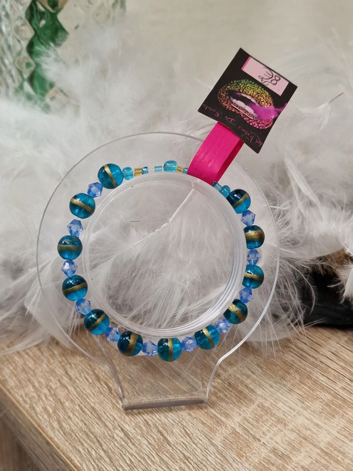 Bracelet Elastique Perles Bleu Dorée Turquoise - photo numéro 2