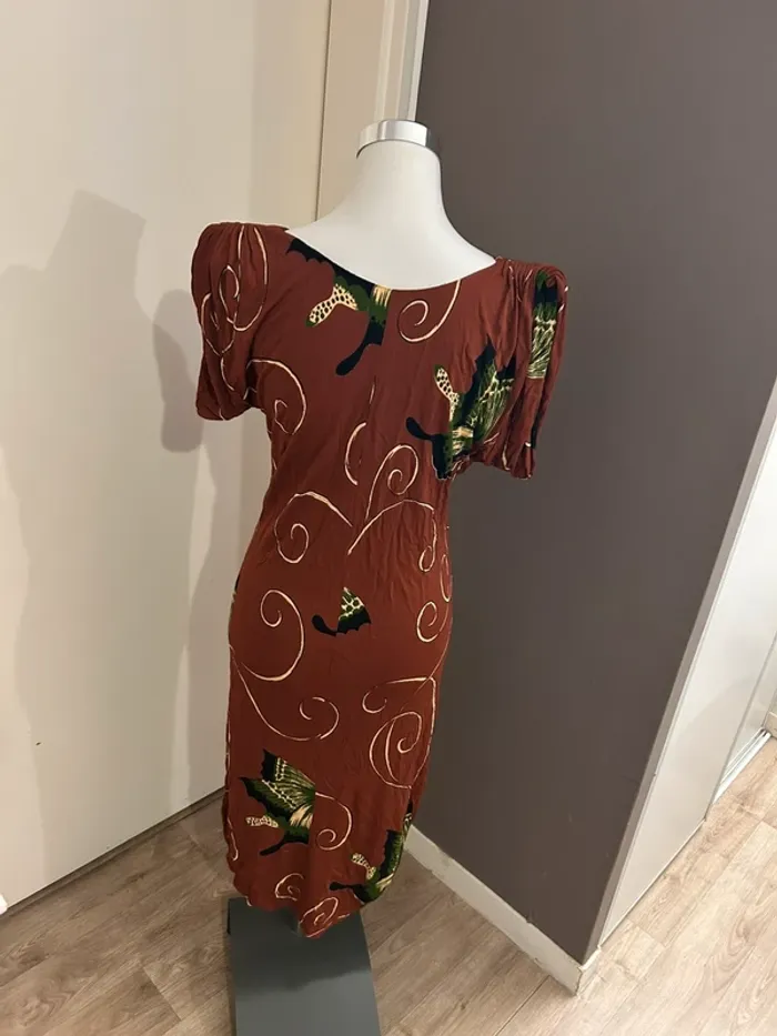 Vintage, robe marron imprimé papillon vert  femme taille 40 - photo numéro 5