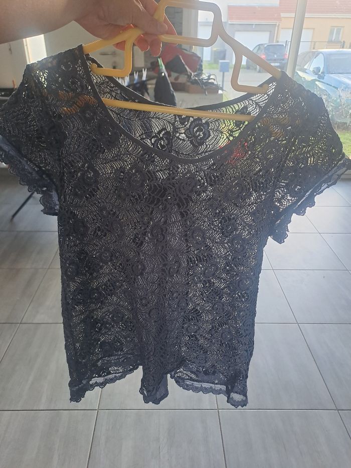 Blouse Transparente broderie dentelle bleu