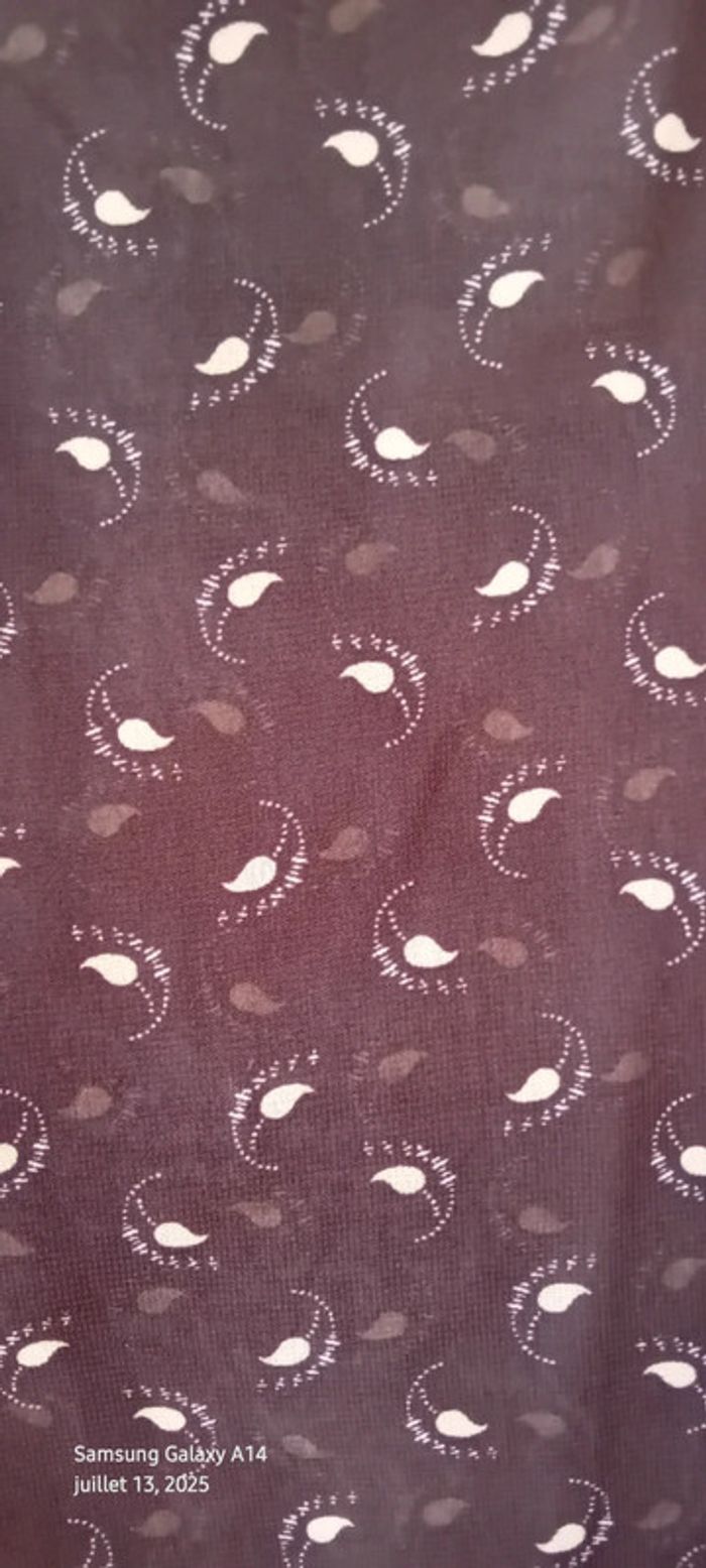 Blouse en voile manches volantées col cravate motif plumes marron femme L - photo numéro 16