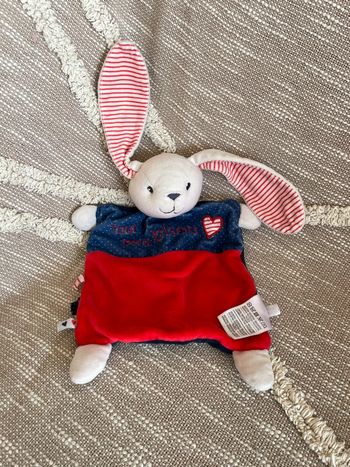 Peluche doudou plat 28cm mots d’enfants lapin bleu et rouge parfait état