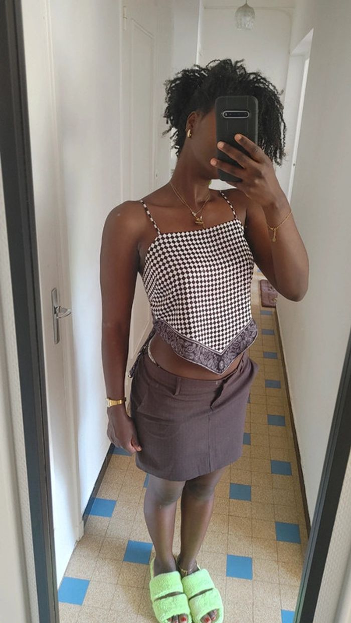 Top débardeur bretelles dos nu damier foulard - photo numéro 2