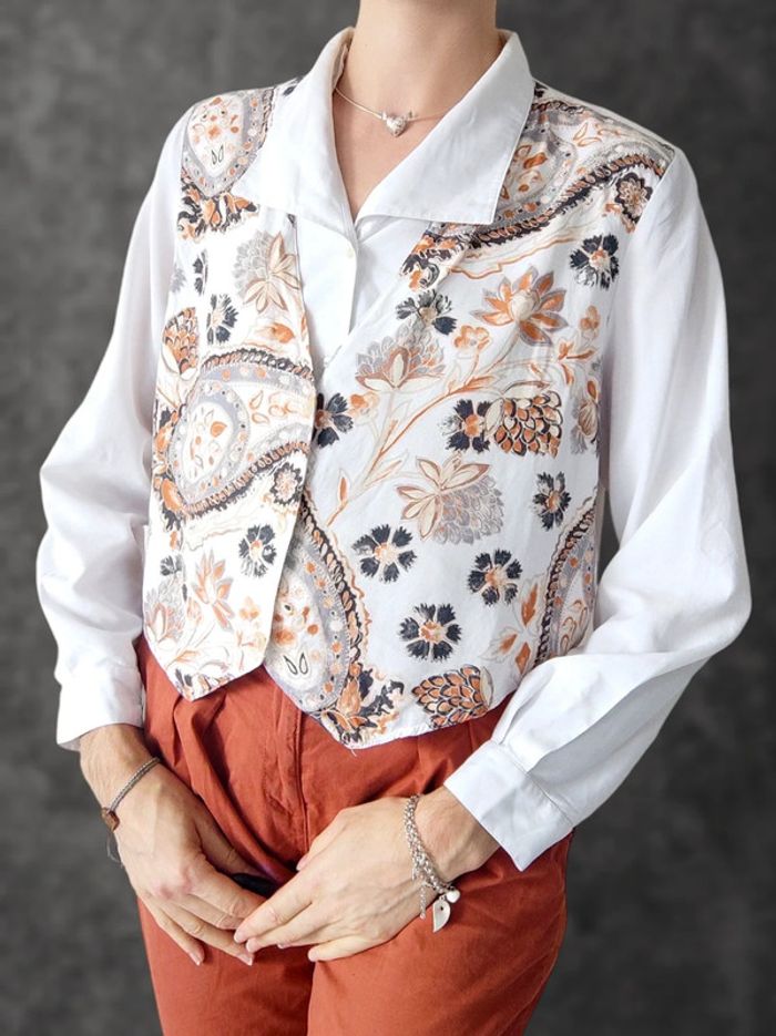 Chemise blanc veston gris orange fleur Paisley 2 en 1 Vintage / C&A New Fast - 38/M à 40L - photo numéro 2