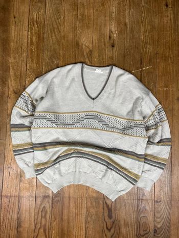 Pull maille vintage laine col V motifs rayures multicolore M