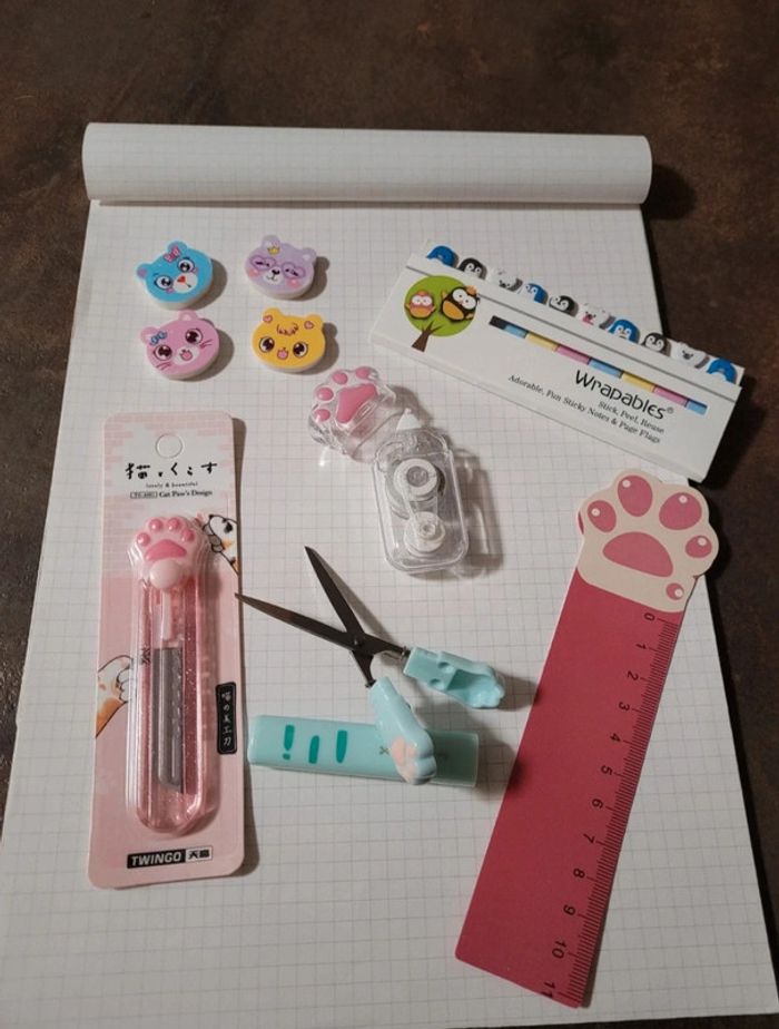Lot de fournitures scolaires kawaii - thème patte de chat 🐾