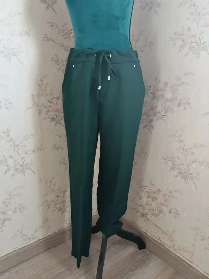 Pantalon droit habillé vert foncé avec poches lien a nouer et élastique derrière / gémo / (40) - photo numéro 2