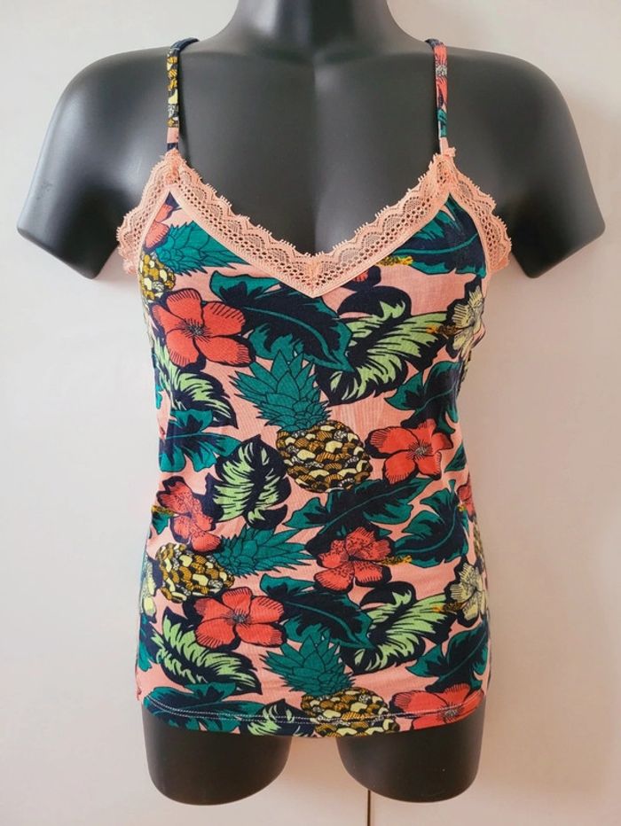 Haut Top tee shirt débardeur motifs fleurs floraux multicolore vert rose taille XS 34 coquette