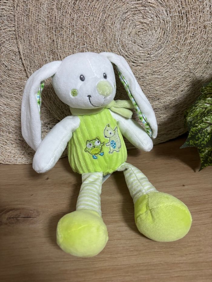 Doudou lapin vert blanc hibou mots d enfants - photo numéro 3