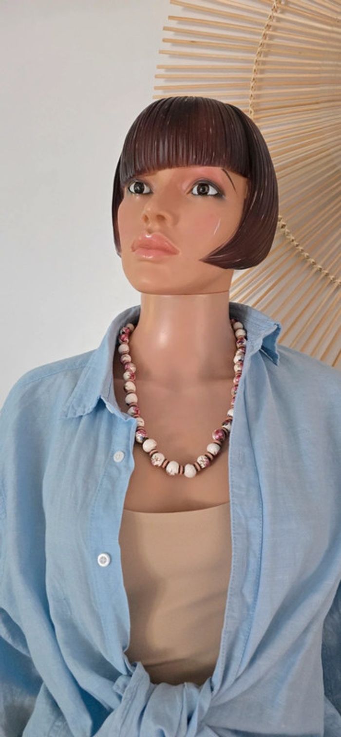 Collier de perles en céramique roses et blanches vintage - photo numéro 8