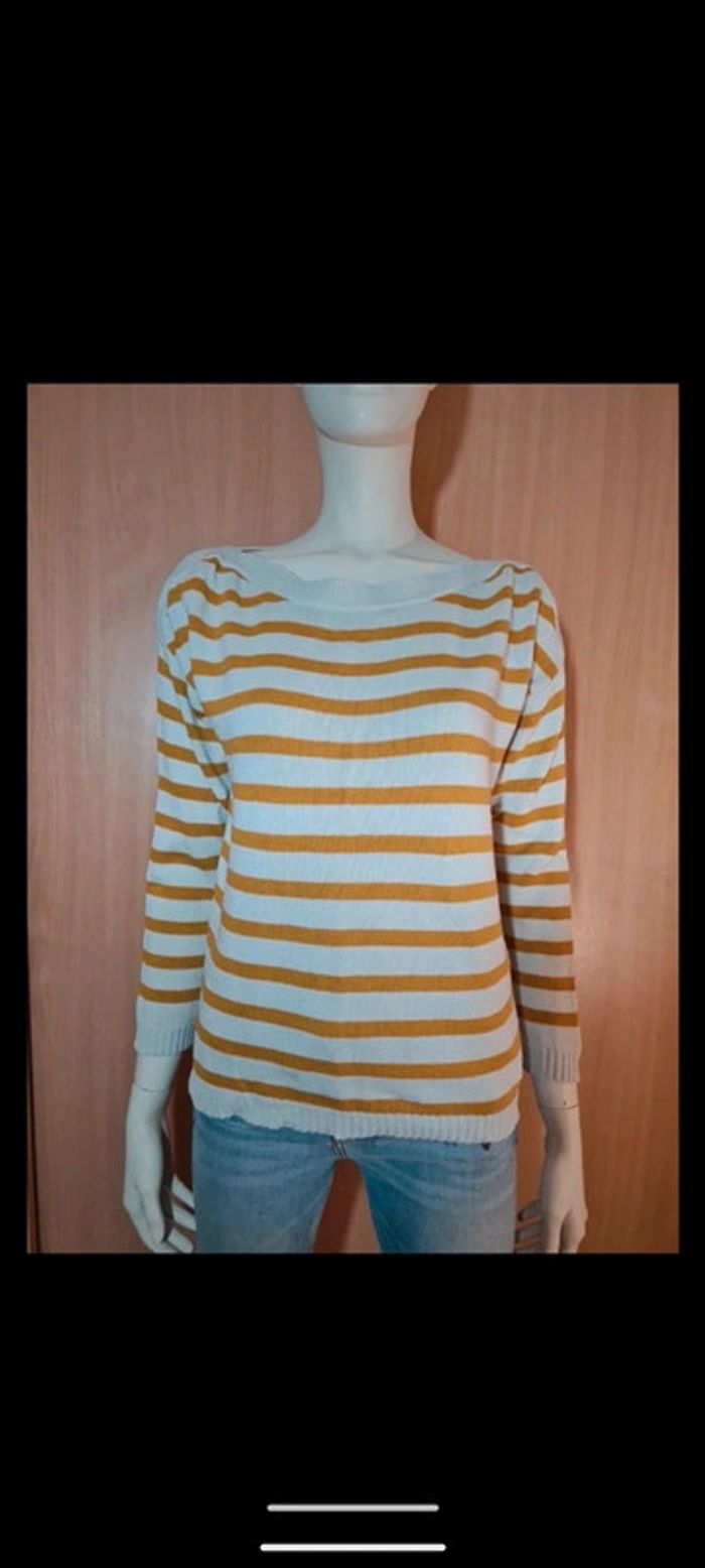Pull rayure blanc et jaune moutarde, M