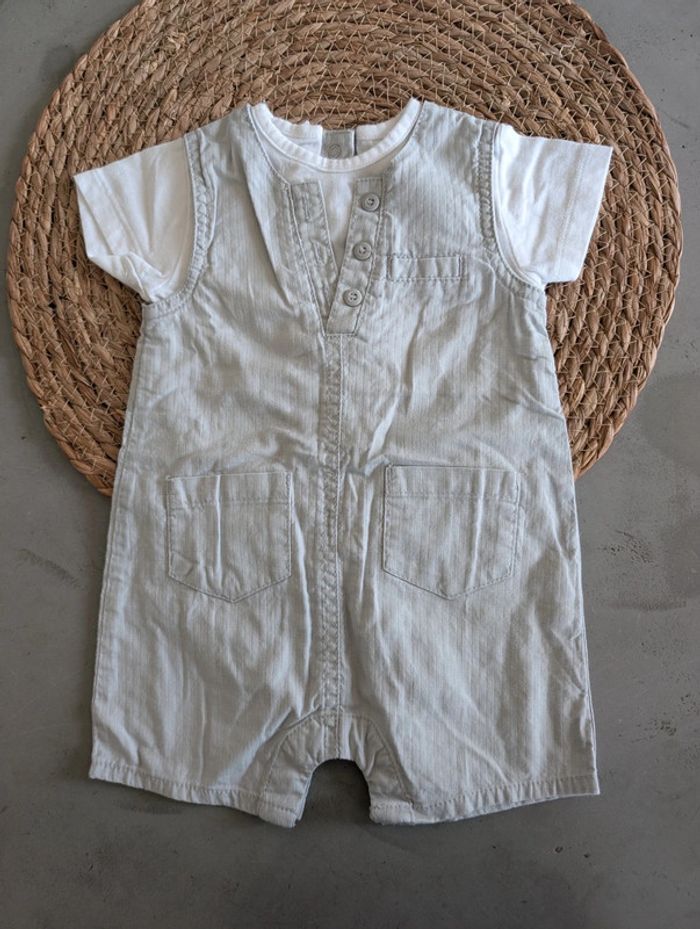 Combishort Barboteuse garçon 3 mois Kitchoun blanc et gris comme neuf