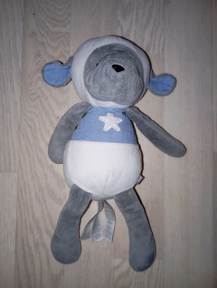 Doudou mouton ou agneau blanc et bleu jeans denim Obaibi