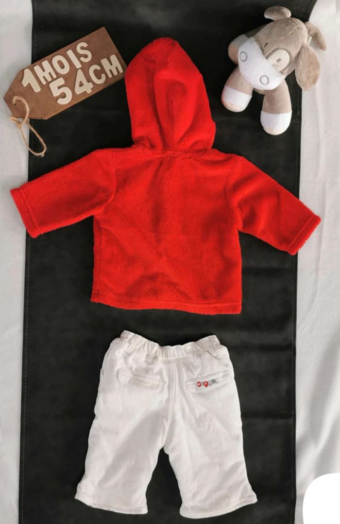 Ensemble Disney  👣 mixte  veste à  capuche rouge et pantalon chaud blanc,  1 mois/54cm - photo numéro 2