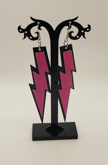 BOUCLES D'OREILLES ECLAIR ROSE NOIR DISCO ANNEE 80 ! NEUF!