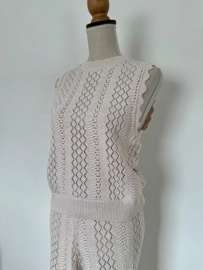 Ensemble maille tricot beige broderie pantalon top sans manches beige crème été - photo numéro 8