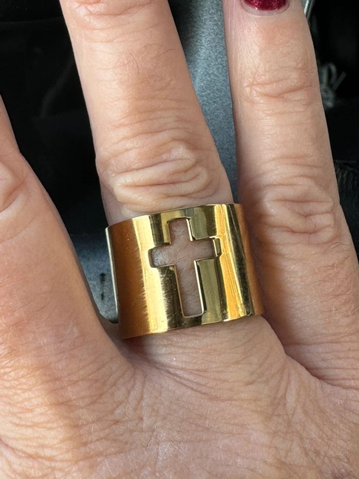 Bague mile Mila  large réglable acier inoxydable or croix - photo numéro 2