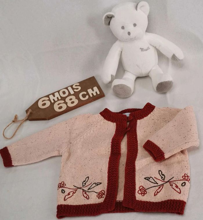 Gilet  👣  beige rosé rouge, obaïbi, laine,  6mois/67cm - photo numéro 8