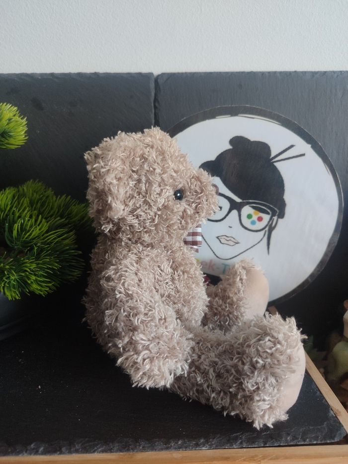 doudou peluche marron ours Enesco noeud carreau blanc poils Assis DD001721 - photo numéro 3