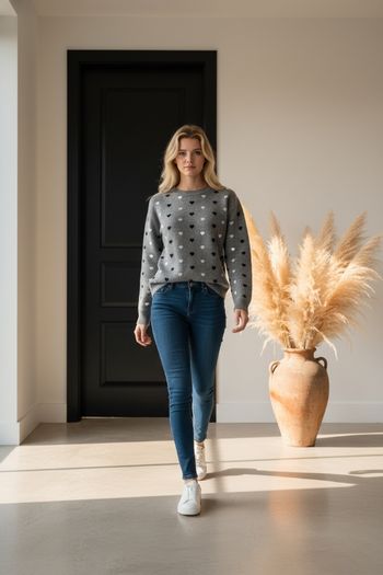 Pull gris à motifs cœurs – 100% cachemire – Espace Cashmere – Taille XL – Très bon état