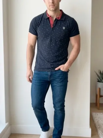 ⚓ Polo Noir à Motifs – Détails Contrastés Chic -Taille S