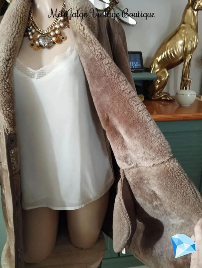 🌹 Manteau Cuir/Daim Velours Beige Clair Doublé Sherpa Vintage T40/42🌹 - photo numéro 12