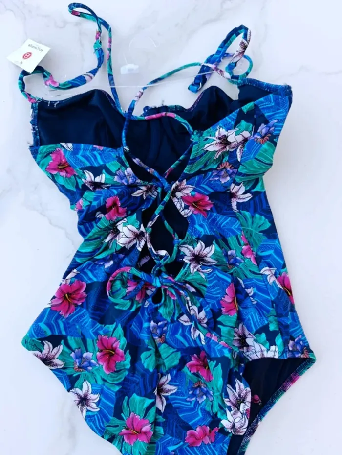 Maillot de bain une pièce RougeGorge neuf 90B fleur feuillage tropical lacets dos avec baleine - photo numéro 6