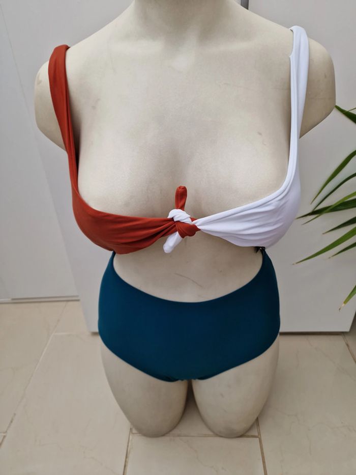 Maillot De Bain Sexy Effet 2 Pieces Blanc Bleu Petrol Marron - photo numéro 3