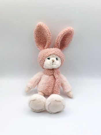 Peluche doudou ours déguisé en lapin BUKOWSKI fourrure rose écru 30/40 cm