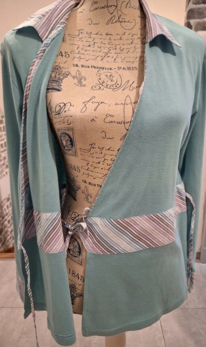Pull cache-coeur turquoise et blanc rayé - photo numéro 7