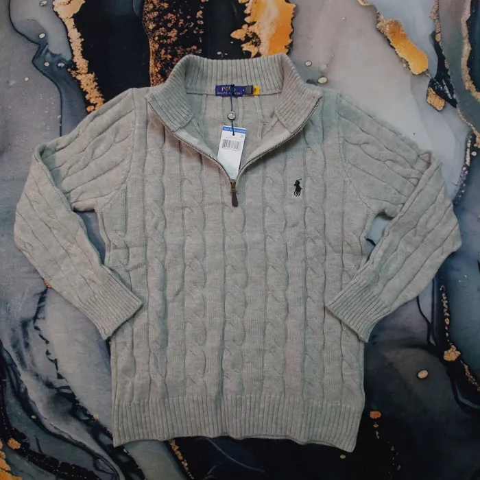 Pull torsadé Half Zip Ralph Lauren - Taille M - Gris logo brodé noir - Neuf - photo numéro 2