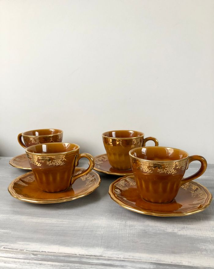 Vintage lot de 4 tasses et soucoupes avec défauts Lunéville Louis XV Honey