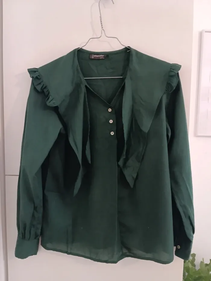 Blouse vintage coupe vareuse grand col vert foncé - photo numéro 4